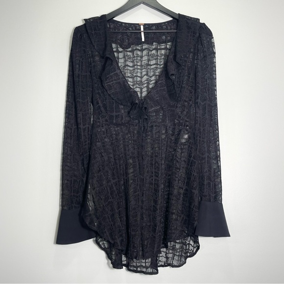Free People Tops - FREE PEOPLE Women's Black Sheer Lace Blouse Ruffle Neck Button Front Size Large